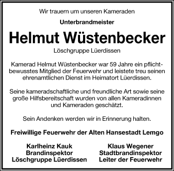 Anzeige  Helmut Wüstenbecker  Lippische Landes-Zeitung