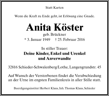 Anzeige  Anita Köster  Lippische Landes-Zeitung