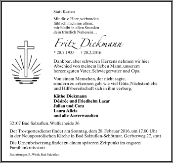 Anzeige  Fritz Diekmann  Lippische Landes-Zeitung