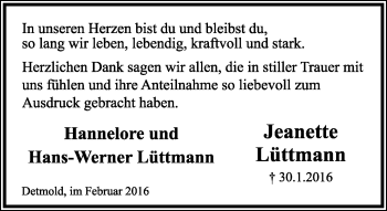 Anzeige  Jeanette Lüttmann  Lippische Landes-Zeitung