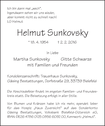 Anzeige  Helmut Sunkovsky  Lippische Landes-Zeitung