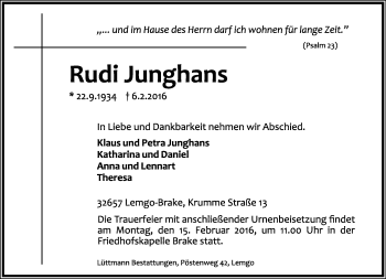 Anzeige  Rudi Junghans  Lippische Landes-Zeitung