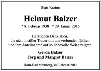 Anzeige  Helmut Balzer  Lippische Landes-Zeitung