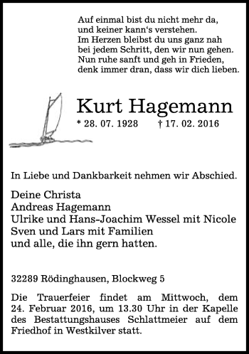 Anzeige  Kurt Hagemann  Lippische Landes-Zeitung