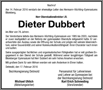 Anzeige  Dieter Dubbert  Lippische Landes-Zeitung