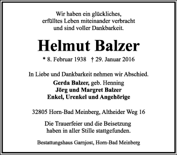 Anzeige  Helmut Balzer  Lippische Landes-Zeitung