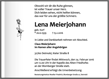 Anzeige  Lena Meierjohann  Lippische Landes-Zeitung