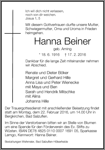 Anzeige  Hanna Beiner  Lippische Landes-Zeitung