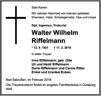 Anzeige  Walter Wilhelm Riffelmann  Lippische Landes-Zeitung