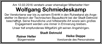 Anzeige  Wolfgang Schmiedeskamp  Lippische Landes-Zeitung