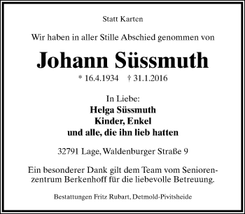 Anzeige  Johann Süssmuth  Lippische Landes-Zeitung