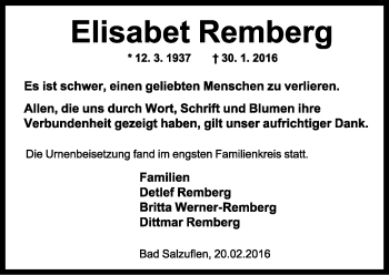 Anzeige  Elisabet Remberg  Lippische Landes-Zeitung