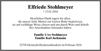 Anzeige  Elfriede Stohlmeyer  Lippische Landes-Zeitung