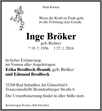 Anzeige  Inge Bröker  Lippische Landes-Zeitung