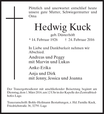 Anzeige  Hedwig Kuck  Lippische Landes-Zeitung
