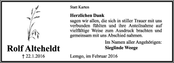Anzeige  Rolf Alteheldt  Lippische Landes-Zeitung