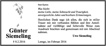 Anzeige  Günter Siemeling  Lippische Landes-Zeitung