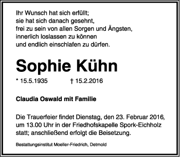 Anzeige  Sophie Kühn  Lippische Landes-Zeitung
