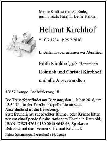 Anzeige  Helmut Kirchhof  Lippische Landes-Zeitung