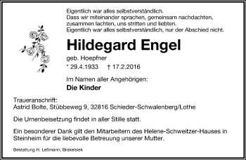 Anzeige  Hildegard Engel  Lippische Landes-Zeitung
