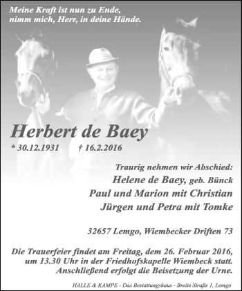 Anzeige  Herbert de Baey  Lippische Landes-Zeitung
