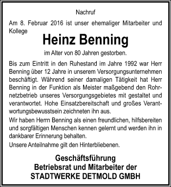 Anzeige  Heinz Benning  Lippische Landes-Zeitung