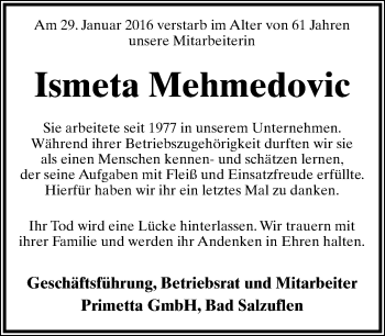 Anzeige  Ismeta Mehmedovic  Lippische Landes-Zeitung