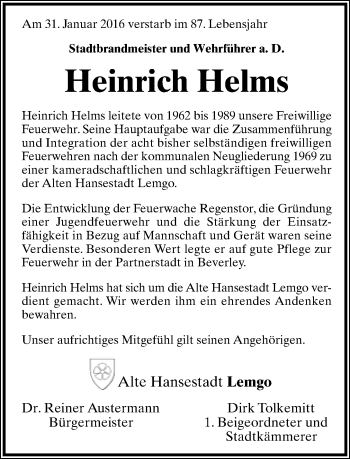 Anzeige  Heinrich Helms  Lippische Landes-Zeitung