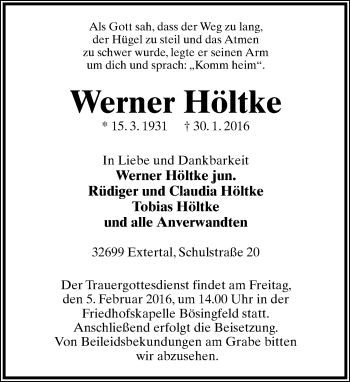 Anzeige  Werner Höltke  Lippische Landes-Zeitung