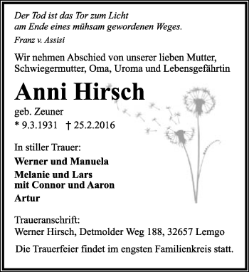 Anzeige  Anni Hirsch  Lippische Landes-Zeitung
