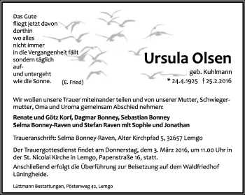 Anzeige  Ursula Olsen  Lippische Landes-Zeitung