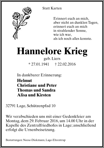 Anzeige  Hannelore Krieg  Lippische Landes-Zeitung