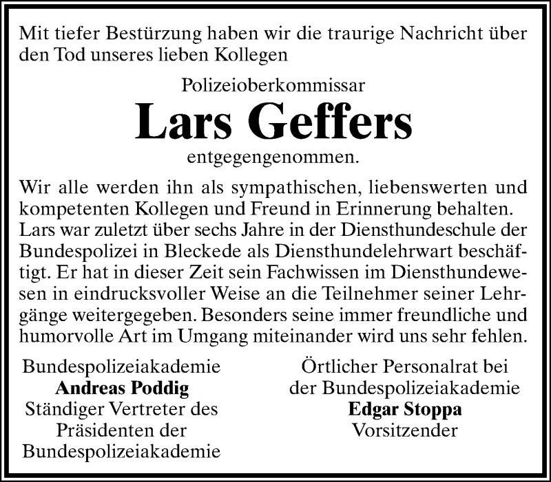  Traueranzeige für Lars Geffers vom 13.02.2016 aus Lippische Landes-Zeitung