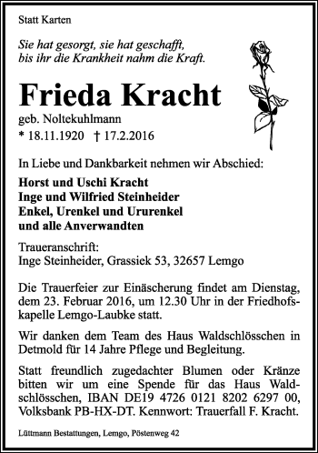 Anzeige  Frieda Kracht  Lippische Landes-Zeitung