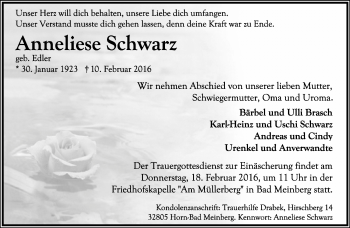 Anzeige  Anneliese Schwarz  Lippische Landes-Zeitung