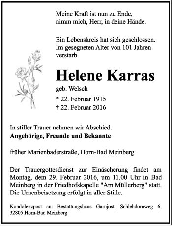 Anzeige  Helene Karras  Lippische Landes-Zeitung