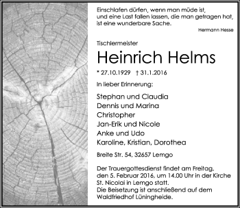 Anzeige  Heinrich Helms  Lippische Landes-Zeitung