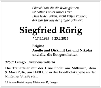 Anzeige  Siegfried Rörig  Lippische Landes-Zeitung