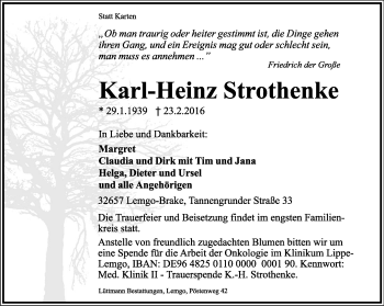 Anzeige  Karl-Heinz Strothenke  Lippische Landes-Zeitung