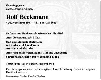 Anzeige  Rolf Beckmann  Lippische Landes-Zeitung