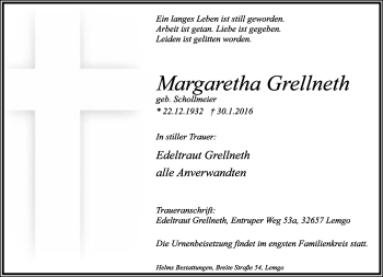 Anzeige  Margaretha Grellneth  Lippische Landes-Zeitung