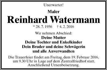 Anzeige  Reinhard Watermann  Lippische Landes-Zeitung