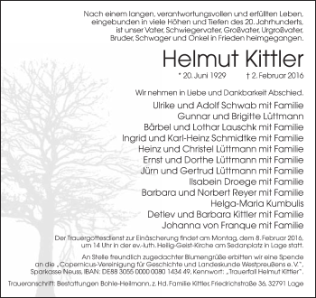 Anzeige  Helmut Kittler  Lippische Landes-Zeitung