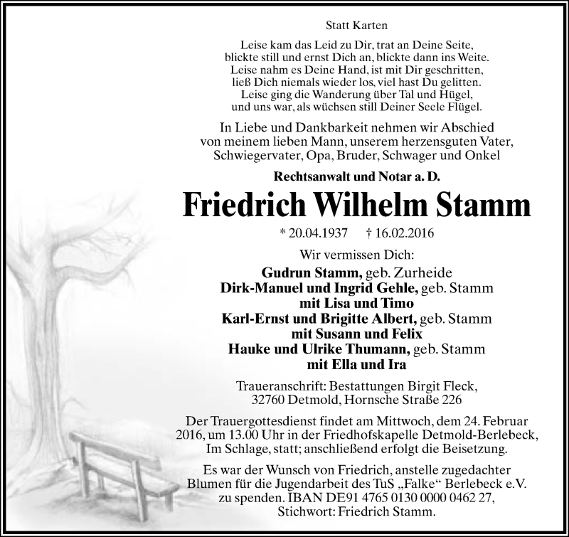  Traueranzeige für Friedrich Wilhelm Stamm vom 20.02.2016 aus Lippische Landes-Zeitung