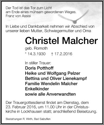 Anzeige  Christel Malcher  Lippische Landes-Zeitung