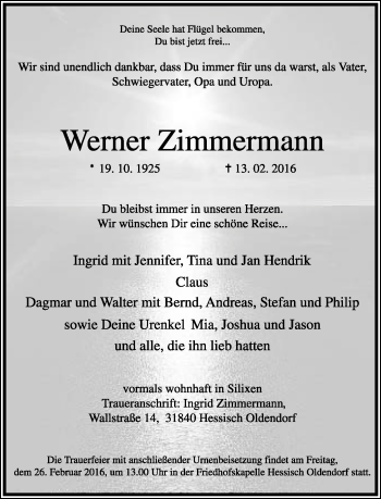 Anzeige  Werner Zimmermann  Lippische Landes-Zeitung