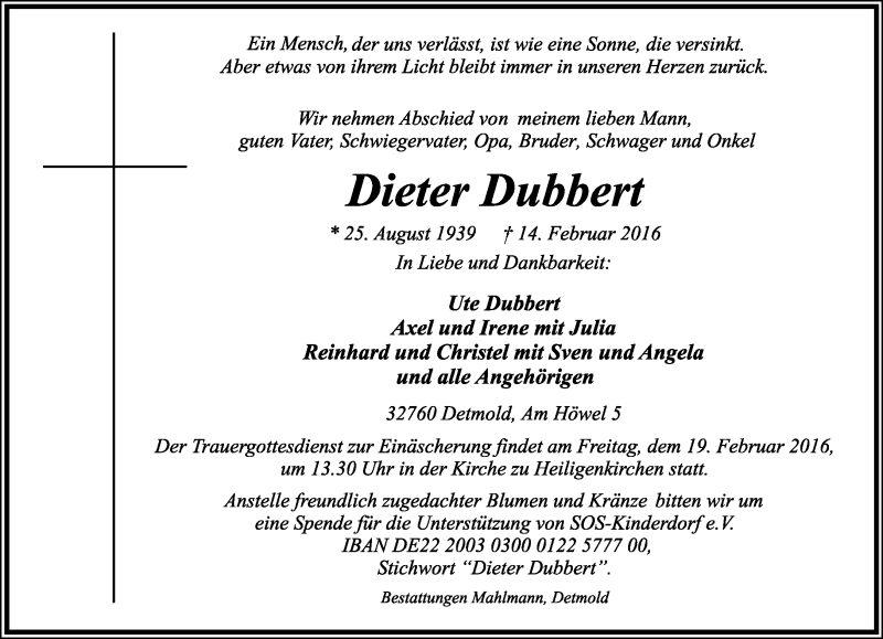  Traueranzeige für Dieter Dubbert vom 17.02.2016 aus Lippische Landes-Zeitung