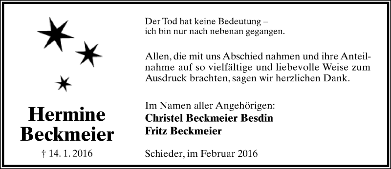  Traueranzeige für Hermine Beckmeier vom 27.02.2016 aus Lippische Landes-Zeitung