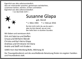 Anzeige  Susanne Glapa  Lippische Landes-Zeitung