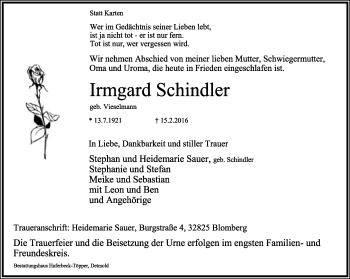 Anzeige  Irmgard Schindler  Lippische Landes-Zeitung